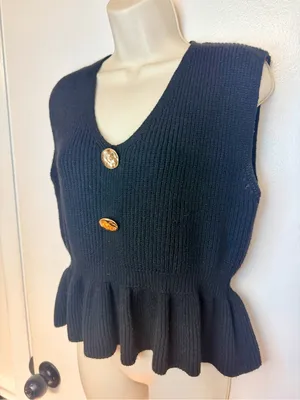 Commence Black Ribbed Knit Peplum Vest Top Size M Gold Buttons Sleeveless thumbnail 5