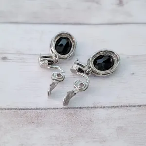 Vintage Monet Clip On Earrings Stunning Silver Tone, Black & Clear Gems thumbnail 6