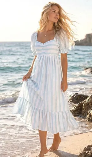 Abercrombie‎ & Fitch Blue White Striped Puff Sleeve Smocked Midi Dress Small thumbnail 1