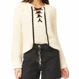 Marled Reunited Women's Sz Medium Lace Up V-Neck Sweater Beige Black Wide Sleeve thumbnail 12