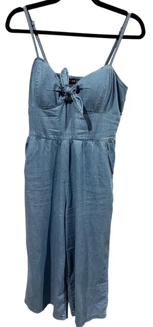 As You Wish Women Light Blue Cotton Chambray Tie Front Wide Leg Jumpsuit Medium thumbnail 1
