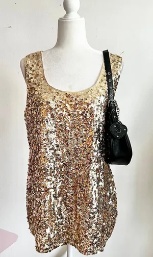 Gold Sequin Tank Top, Y2K, Clubwear, Indie Sleaze, Glam, 2000s, 3X‎ thumbnail 1