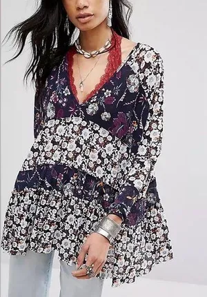 Free People Boho Chic Floral Tunic Top thumbnail 1