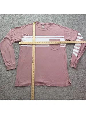 Victoria’s Secret PINK Long Sleeve Shirt Womens M Pink Stripe Logo Pocket Tee thumbnail 3
