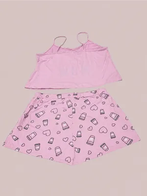 French Affair Coffee Lover Pink 3-Piece Pajama Lounge Set Robe Cami Shorts XL thumbnail 4