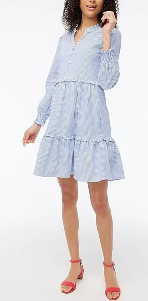 J. Crew Women's Size 12‎ Blue Striped Tiered Ruffle Long Sleeve Dress thumbnail 1