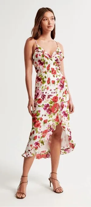 NEW Abercrombie Strawberry Floral‎ Ruffle Wrap Midi Autumn Wedding Guest Dress thumbnail 1
