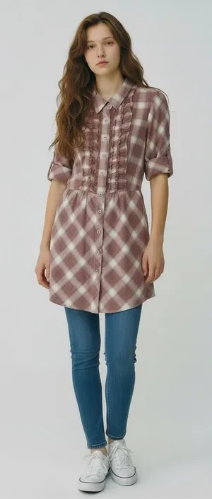 Anthropologie Odille Mauve Plaid Ruffle Button Down Tunic Roll Tab Sleeve Size 6 thumbnail 1