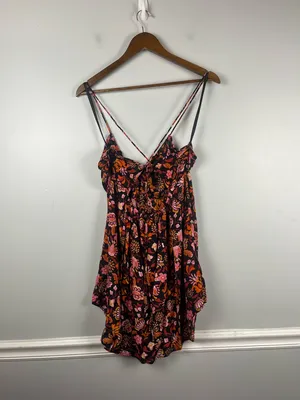 New Free People Women's Black Pixie Cross Back Floral Print Tunic Top Size large thumbnail 10