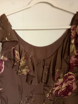 Morell Maxie Floral Column Dress Brown Pink Silk 14 Ruffle Sleeveless Y2K Fairy thumbnail 6