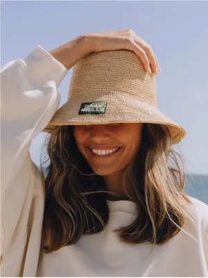 Daily Drills Summer Beige Straw Bucket Hat with Green Logo Patch thumbnail 1