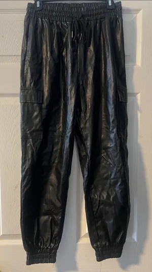 Black Faux Leather Cargo Jogger Pants - Women thumbnail 1