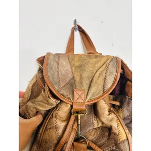 Vintage 1980s/90s Brown Leather Patchwork Clip Front Drawstring Backpack Bag thumbnail 3