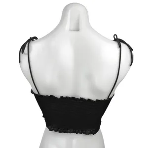 Zara Black Silk Satin Tie Spaghetti Strap Smocked Crop Cami Camisole Tank Top M thumbnail 2