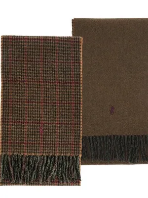 Ralph Lauren Houndstooth Purple Brown Fringe Scarf thumbnail 1