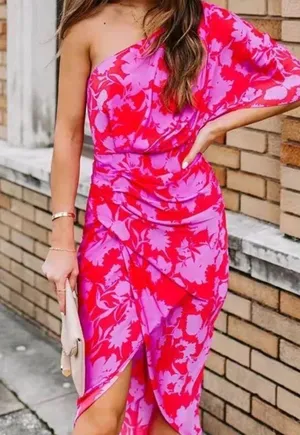 One Shoulder Pink and Red Midi Dress Size S thumbnail 2