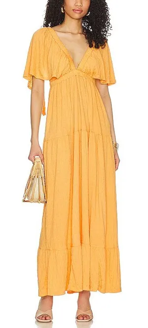 Women’s Free People FP Beach La La Maxi Dress Yellow-Orange Size L thumbnail 1