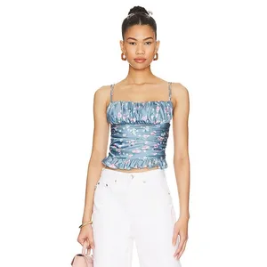 More To Come Floral Ruched Crop Top Womens Small‎ Blue Pink Cottagecore Cami thumbnail 3