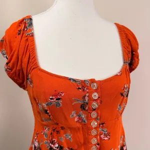 Free People Close To You Orange Floral Puff Sleeve Smocked Peplum Top Small thumbnail 5