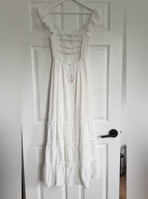 White Ruffle Maxi Dress with Button Detail thumbnail 3