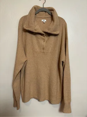 Aerie Cozy Up Waffle Knit Oversized Collar Quarter Button Tan Sweater Size L thumbnail 2