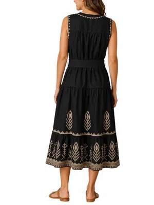 Soft Surroundings Embroidered Tiered Midi Dress Size 2X Linen Blend Belted Black thumbnail 2