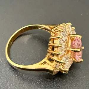Vintage 925 Gold Over Sterling Pink Oval CZ Flower Cocktail Ring Size 8.5 7g. thumbnail 6