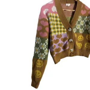 Debut Quirky Patchwork Cropped Cardigan Womens XS Brown Pink Retro Indie Whimsy thumbnail 6