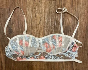 Shein Womens Bra Bralette S Small 34” Beige Sheer Pink & Blue Embroidered Floral thumbnail 1