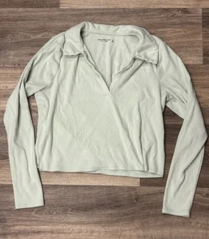 Abercrombie & Fitch Soft Rib Long-Sleeve Polo Top Light Green Women’s XL thumbnail 1