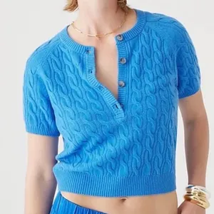 J. Crew | NWT Women's Cashmere Blue Cable Knit Short Sleeve Henley Sweater, M thumbnail 1