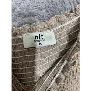 NLT Smocked Midi Dress WomensMedium Tan Polka Dot Square Neck Long Sleeve ND7263 thumbnail 3