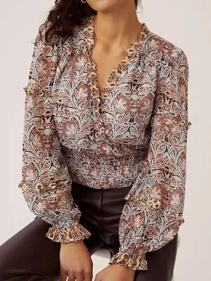EUC Anthropologie Ruffled Smocked Surplice Top Floral Size Medium thumbnail 1