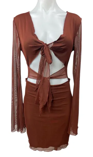 NEW Princess Polly Beawatch Brown Long Sleeve Mesh Cutout Mini Bodycon Dress 6 thumbnail 1