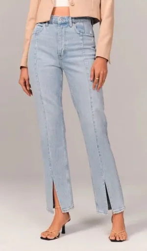 Abercrombie & Fitch 90’s Straight‎ Jeans Size 32/14 Ultra HR Vent Hem Light Wash thumbnail 1