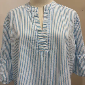 Addison Bay Blue White Striped Tiered Mini Sun Shirt Dress Cotton Poplin Medium thumbnail 5