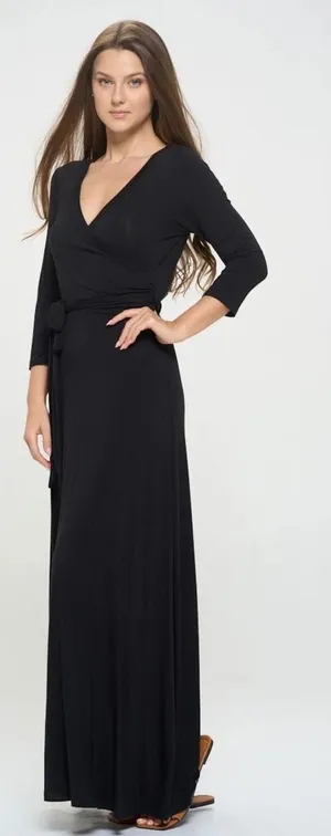 West K Black Faux Wrap Maxi Dress 3/4 Sleeve V-Neck D6983 Size M thumbnail 1