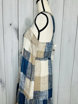 Easel Los Angeles Patchwork Midi Dress Womens Sz L Blue Tan Boho Textured NWT thumbnail 6