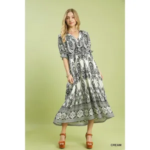 Umgee Two tone Border Print Midi Dress - Cream - Small thumbnail 2