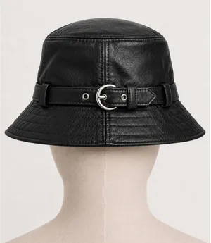 VTG Coach Black Leather Bucket Hat P/S Belted Buckle Signature Lining Y2K thumbnail 1