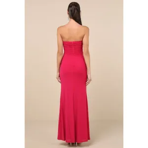 NWT Lulus Epitome of Allure Fuchsia Mesh Strapless Ruched Maxi Dress Gala Sz XS thumbnail 3