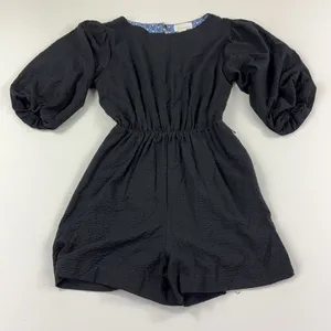 Anthropologie Romper Womens Medium Black Textured Puff 3/4 Sleeve Elastic Waist thumbnail 1