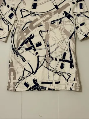 Lauren Ralph Lauren Belt Print Boatneck Top Navy Cream Equestrian Stretch Tee S thumbnail 5