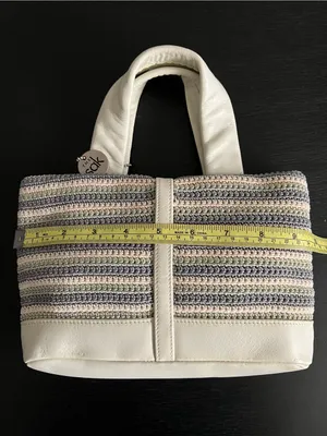 The Sak White Gray Seafoam Striped Crochet Tote Bag Leather Trim Mini Tote Purse thumbnail 8