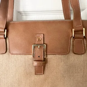 Etienne Aigner Vintage Woven Linen Tan Leather Trim Shoulder Tote Satchel Buckle thumbnail 5
