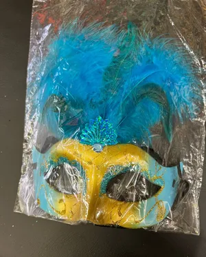 Blue feathered mask with gold glitter and blue feathers thumbnail 1
