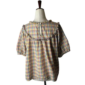 Old Navy‎ Ruffle Dobby Gingham Top Women Medium White Cotton Puff Sleeve Cotton thumbnail 3