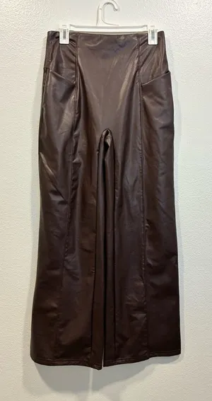 HALARA Women's Wide Leg Brown faux Leather Pants thumbnail 1