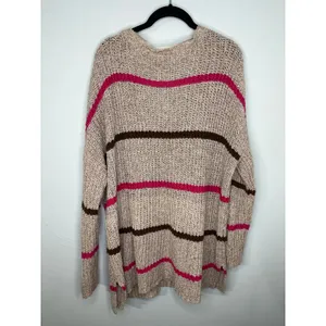 Free People Oversized Loose Knit V-Neck Sweater Size Large Striped Pink Brown thumbnail 2