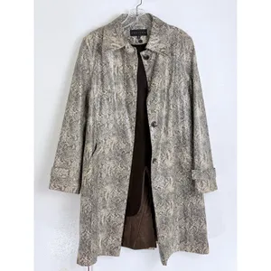 Gallery Trench Coat Gray Faux Snakeskin Print Button Front Burgundy Belted M thumbnail 5